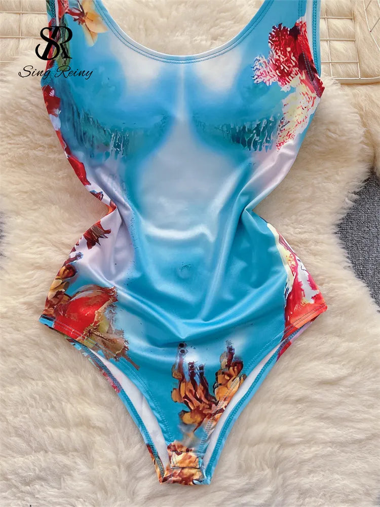 Body Sexy con estampado sin espalda para mujer, Bikini Sensual floral elástico sin mangas con tirantes, monos ajustados con entrepierna abierta Wanita