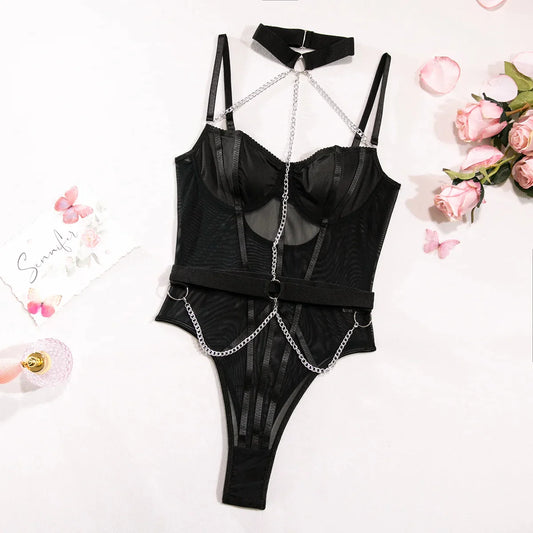 Wanita Strapless Mesh Sensual Bodysuits Women Chain Design Slim Backless  Rompers 2023 Strap Sheer Underwear Playsuits