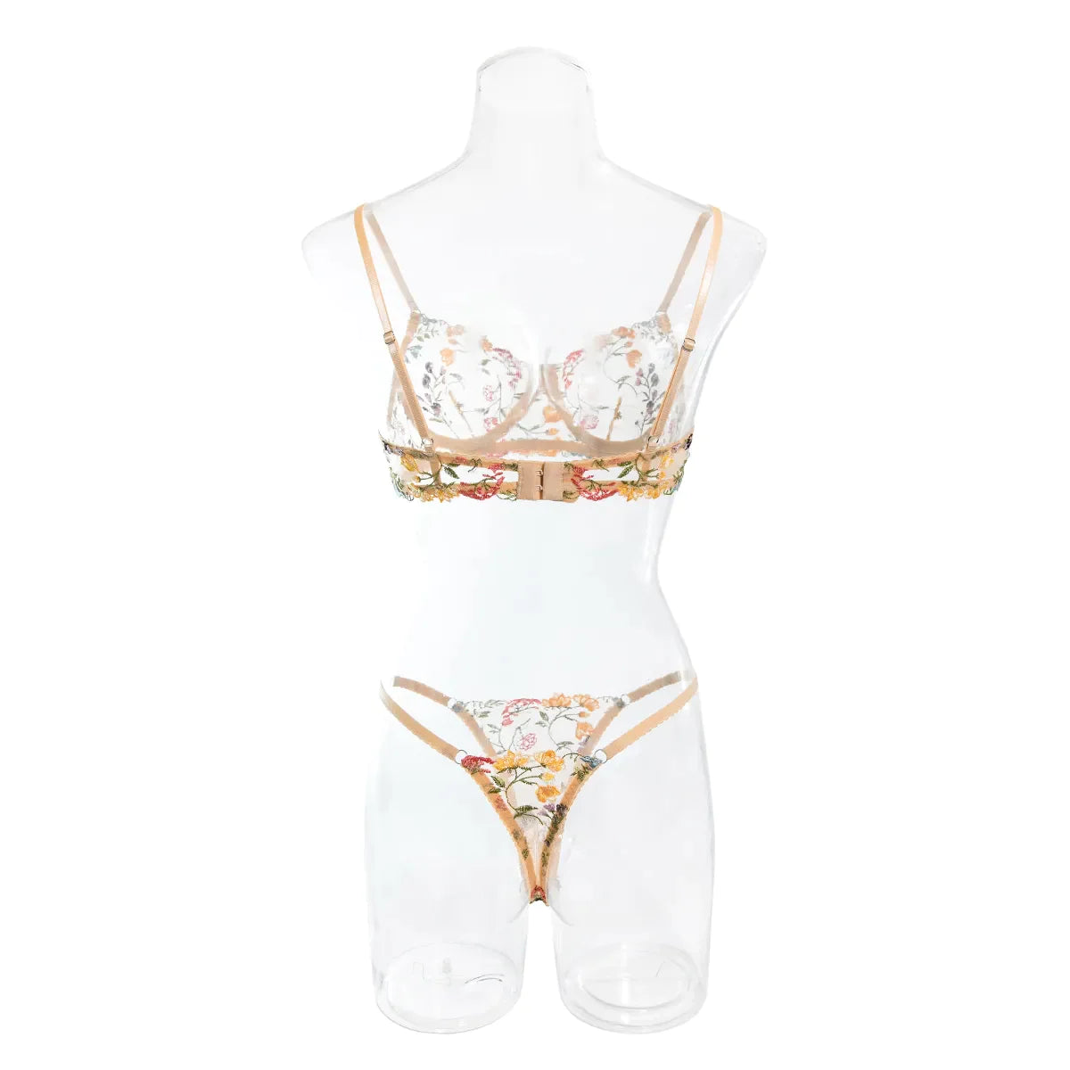 Yimunancy 2-Piece Lace Bra Set Women Floral Embroidery Underwear Set Transparent Khaki Panty Set