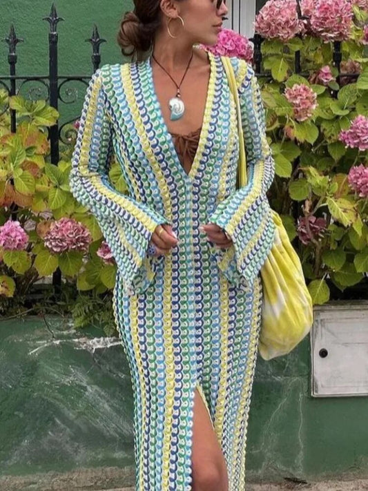 RDMQ 23 femmes rayé crochet fendu tricot longue robe femme col en V profond à manches longues mince robes tenues de vacances d'été