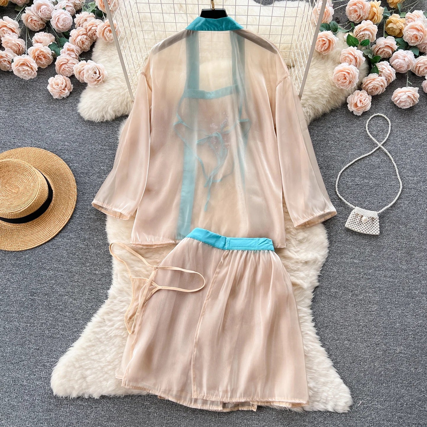 Vintage Embroidery Sexy Night Suits Female Loose Floral Camis+Mini Skirt+Thongs Chinese Style Cosplay Sheer Nightwear Wanita