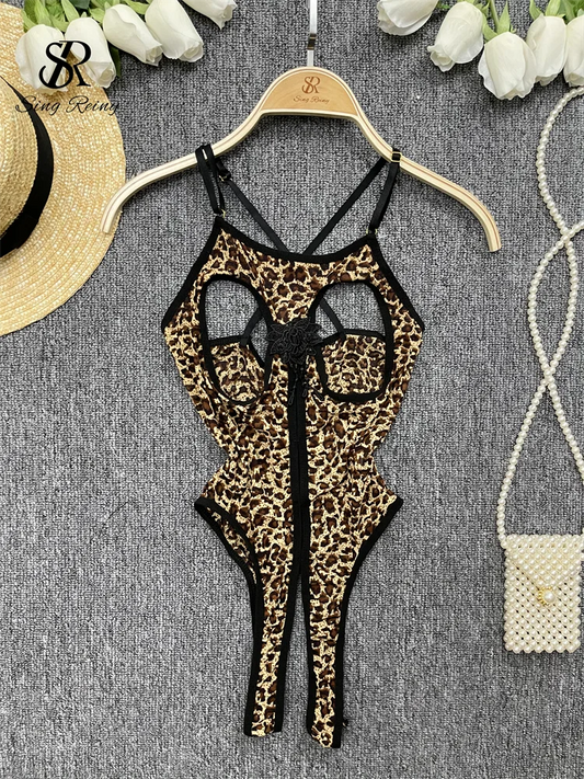 Wanita-Lencería con estampado de leopardo, monos con tirantes y Espalda descubierta, ropa interior ajustada de estilo japonés, mono Sexy con entrepierna abierta