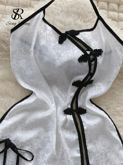 Camisón Vintage de estilo chino con abertura para mujer, ropa de dormir Sensual con cuello Halter, sin mangas y espalda descubierta, con cordones, vestido Sexy para Cosplay Wanita