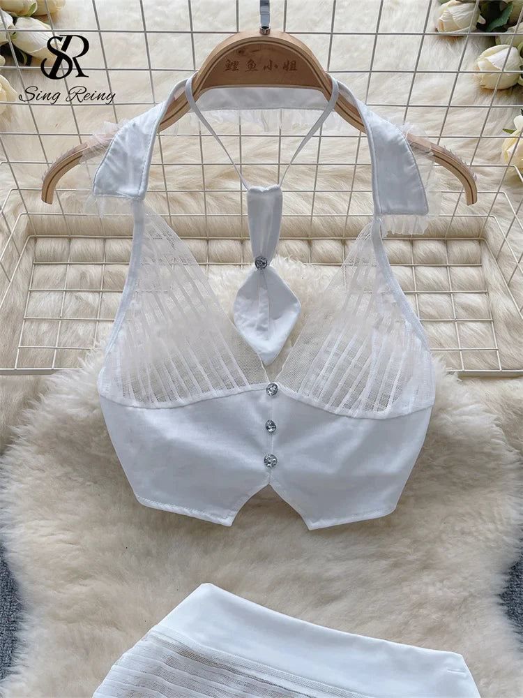 Conjunto de tres piezas Sexy de noche para mujer, camisola transparente con cuello Halter, minifalda y tangas, trajes coreanos de encaje con espalda descubierta Wanita 2023