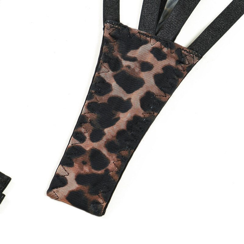 Lencería sensual de leopardo, ropa interior de cuero Pu de belleza salvaje, calzoncillos recortados de 5 piezas, sujetador transparente, liga íntima delicada