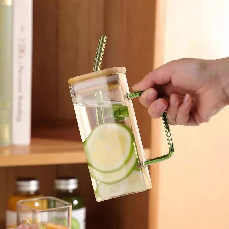 Tasse carrée en verre de 400ml, avec couvercle et paille, tasse à lait pour petit déjeuner, passe au micro-ondes, transparente, pour fête, bière, café, verres à boissons