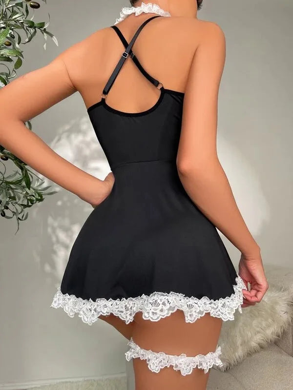 Wanita – vêtements de nuit pour femmes, Mini robe à volants doux + tongs, servante Cosplay, dentelle, Sexy, 2023