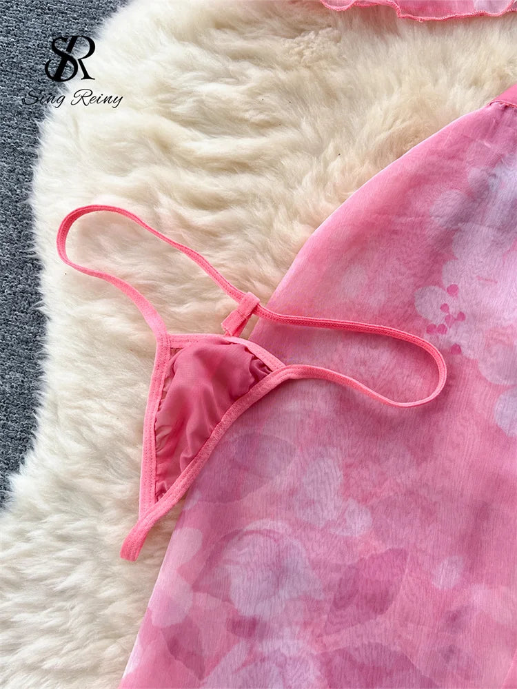 Wanita – tenue à imprimé Floral pour femmes, Camis élastique + jupe à lacets + tongs, transparente et Sexy, 2023