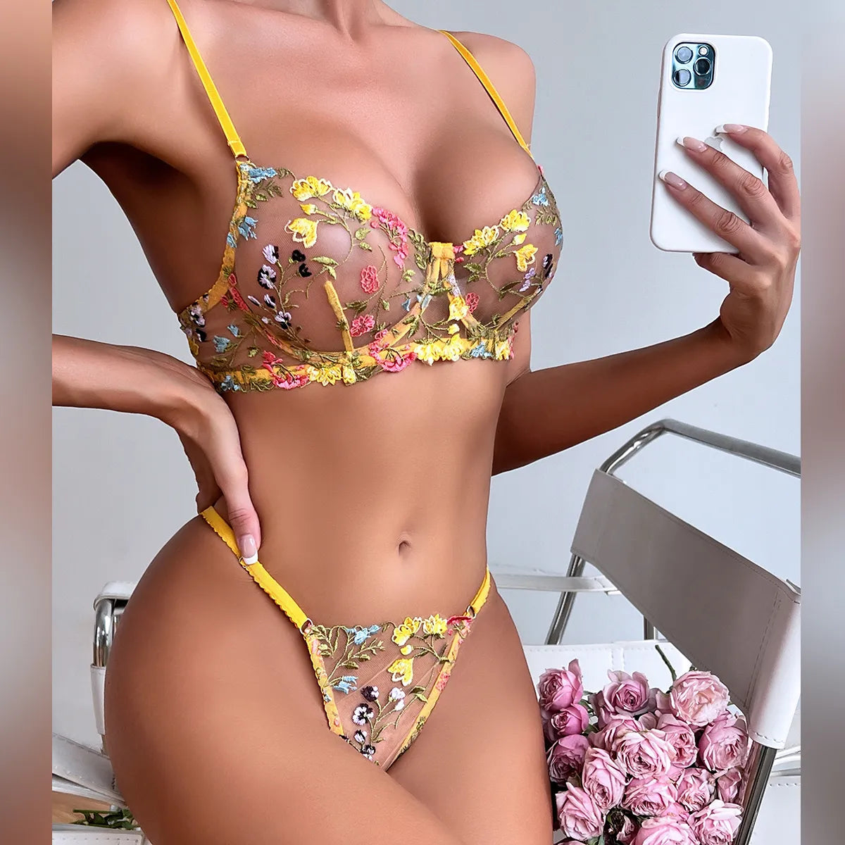 Yimunancy 2-Piece Lace Bra Set Women Floral Embroidery Underwear Set Transparent Khaki Panty Set