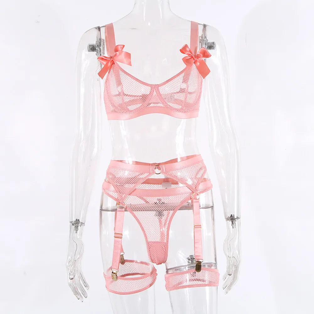 Lingerie Sexy néon avec chaussettes, sous-vêtements transparents en dentelle avec nœud papillon, maille transparente, ensembles transparents, 5 pièces