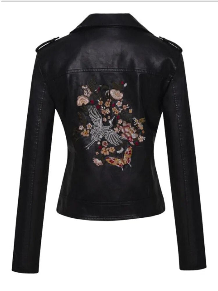 Chaquetas con diseño de varias telas con cuero para mujer, remaches bordados de flores, sección corta, chaquetas pequeñas de cuero Pu, abrigos informales para motocicleta