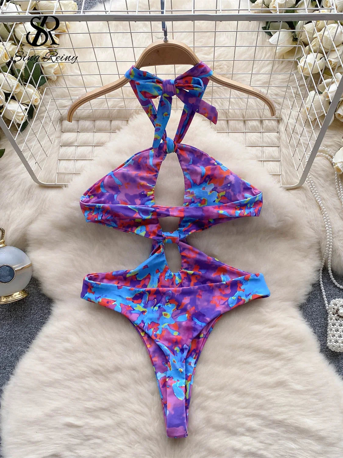 2023 Fashion Print Sexy Bodysuits Ladies Halter Kink Backless Design Slim Playsuit Women Hollow Out Swimsuits Wanita