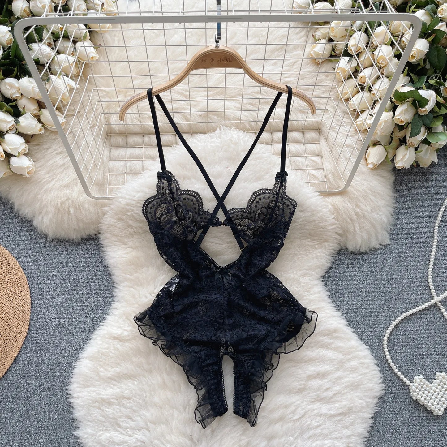 Floral Lace Sheer Sexy Bodysuits Ladies Strap Ruffles Sweet Slim  Nightwear 2023 Mesh Open Crotch  Playsuits Wanita