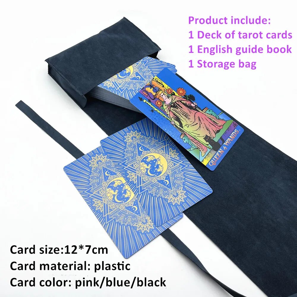 Juego de cartas de Tarot de plástico, libro de guía en inglés de adivinación, resistente al agua, resistente al agua, con bolsa de almacenamiento de tela, color rosa, azul y negro, oráculo L743, 1 Juego