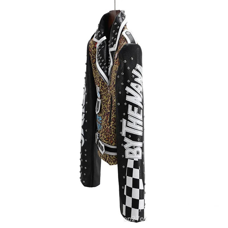 Punk Rivets veste en cuir recadrée pour femmes 2023 tendance Streetwear Patchwork imprimé léopard veste de moto en Faux cuir