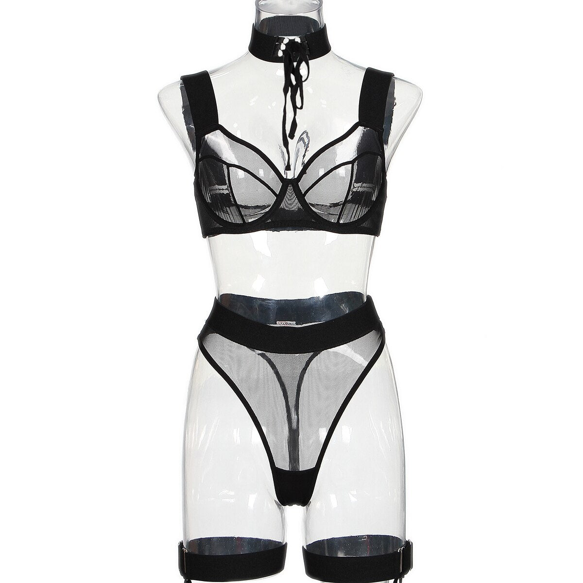 Conjunto de sujetador transparente con medias sensuales, ropa interior sin costuras de 4 piezas, traje Sexy transparente íntimo de tul