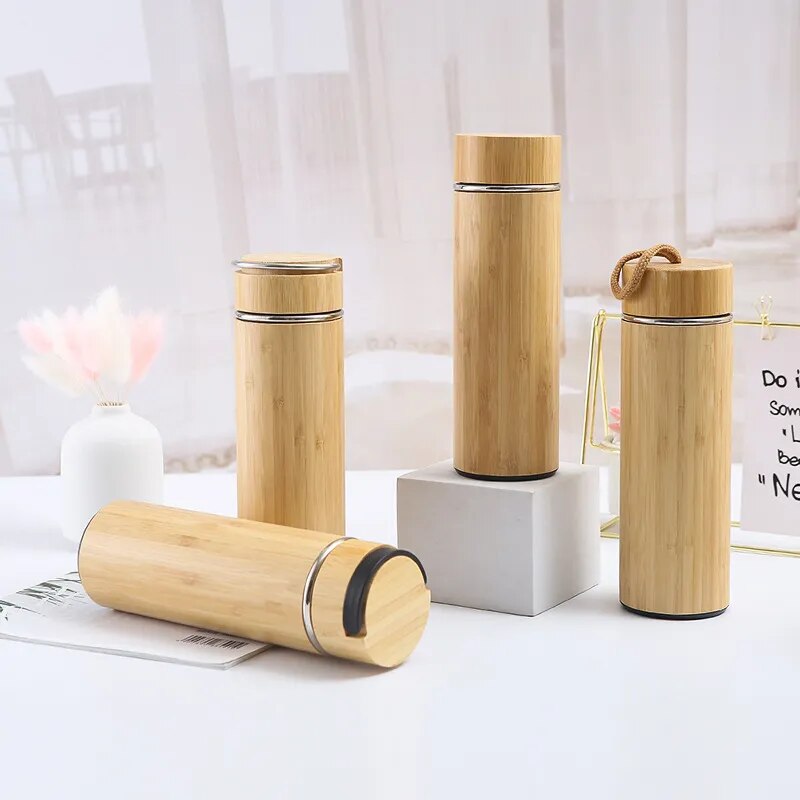 300ml-500ml Creative Bamboo Thermos Bottle Stainless Steel Water Bottles Vacuum Flask Portable Coffee Thermos Cup Customize Logo