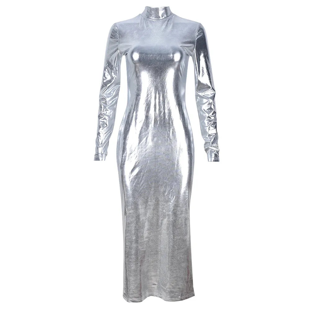 Vestido de fiesta de manga larga de cuero brillante reflectante con cremallera plateada para mujer 2023 nuevo Y2K vestido largo ceñido al cuerpo Sexy para discoteca