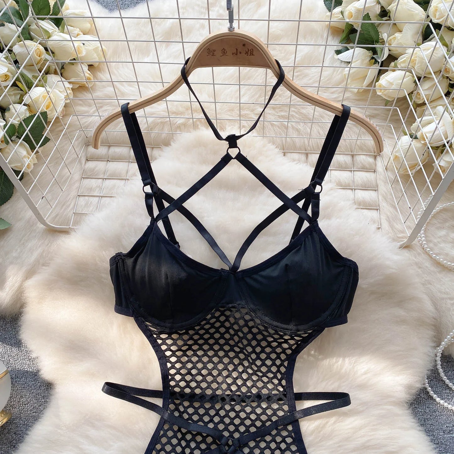 2023 Transparent Mesh Sexy Bodysuit Ladies Halter  Design Rompers Fashion Sheer Hollow Out Sensual Jumpsuits Wanita