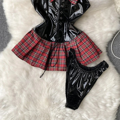 Strap PU Leather Sexy Dress Preppy Style Lace Up Backless Sensual Night Dress Plaid Cosplay   Mini Dress Wanita