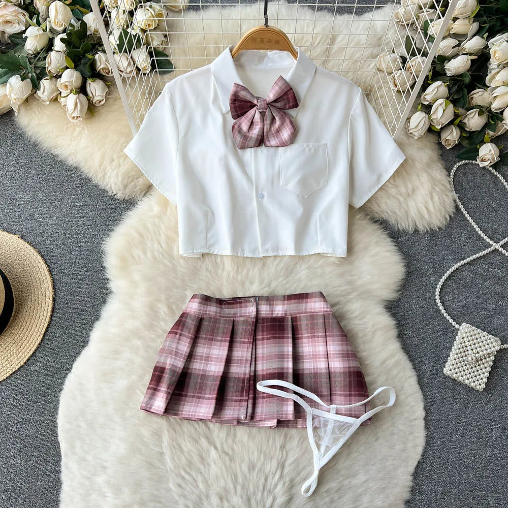 Traje de Cosplay para mujer, Camisa corta con cuello de solapa, minifalda a cuadros y tangas, ropa de dormir Sexy de estilo preppy 2023 Wanita