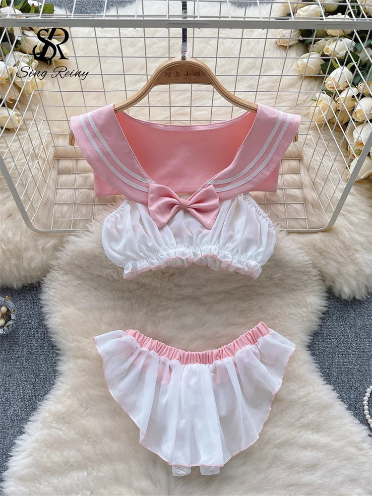 2023 Preppy Style Sweet Sexy Outfit Sailor Collar Sleeveless Short Top+Sheer Skirt Open Crotch   Night Suits Wanita