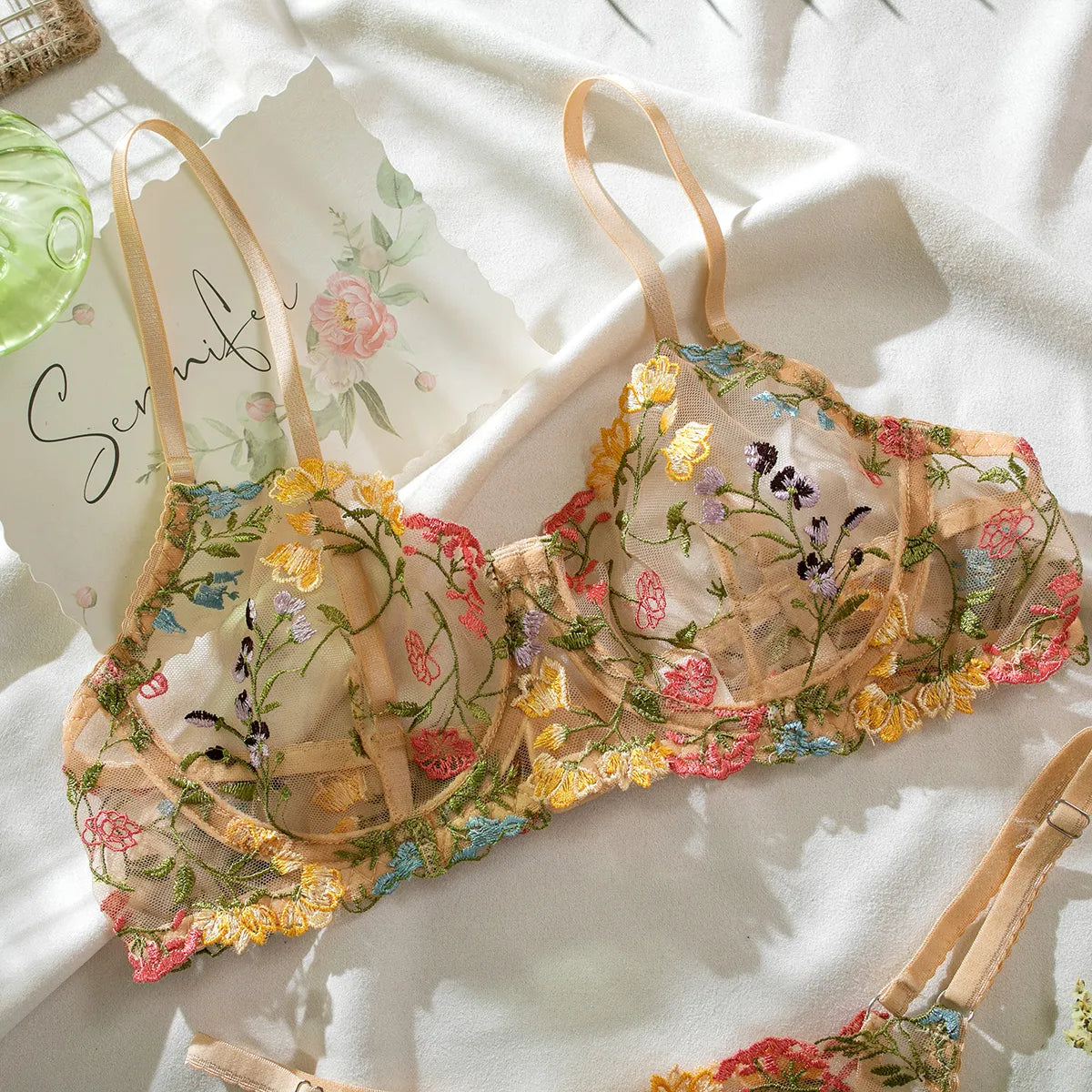 Yimunancy 2-Piece Lace Bra Set Women Floral Embroidery Underwear Set Transparent Khaki Panty Set