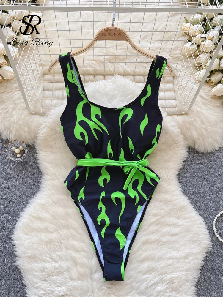 Strap Print Slim Swimsuits Ladies Backless Elastic Tank Playsuits 2023 Fashion Vintage Ins Sexy Bodysuits Wanita