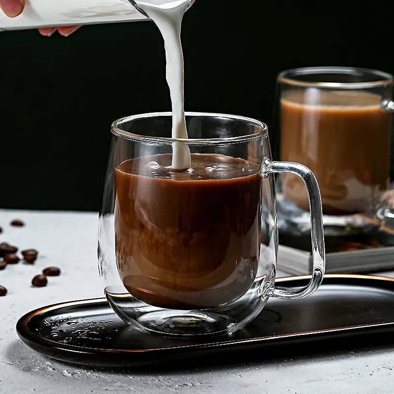 Taza de vidrio de borosilicato de doble pared con mango resistente al calor, taza de agua para café, leche, zumo, Bar, artículos de café, regalo para amantes