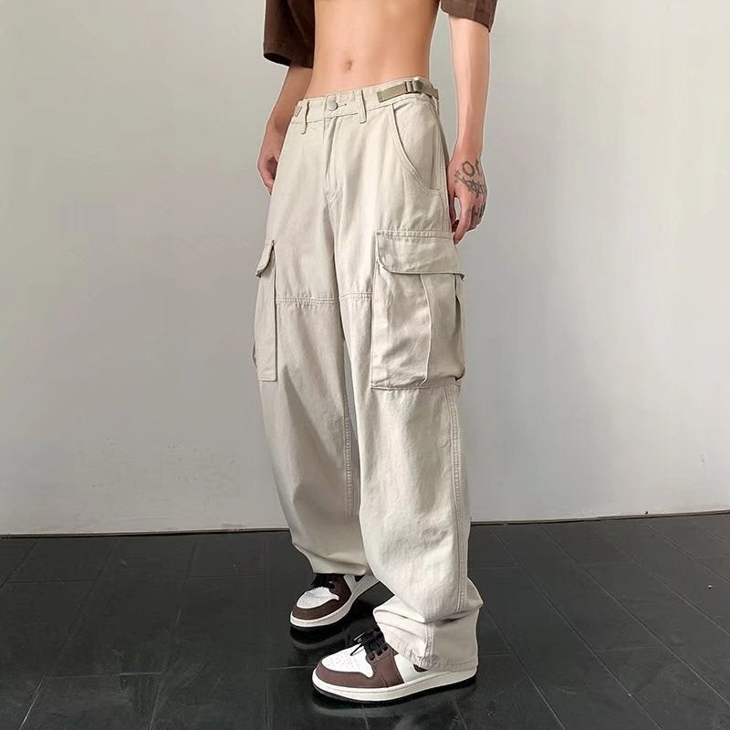 Straight Cargo Pants For Men Japanese Style Drawstring Casual Pants Men's Loose Trousers Fashion Camouflage Sweatpants Harajuku