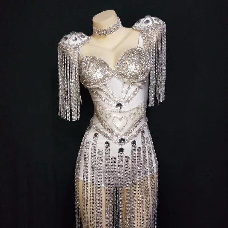 Tenue Sexy à franges scintillantes pour femmes, Costume de justaucorps à franges et épaulettes en cristaux, vêtements de danse de chanteur de fête sur scène