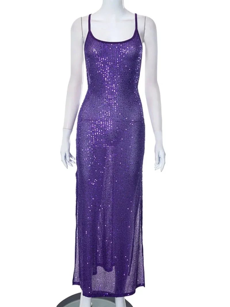 Robe de soirée transparente à paillettes de luxe, dos nu, violet, Sexy, sans manches, fente sur les deux côtés, robes formelles de soirée, automne 2023