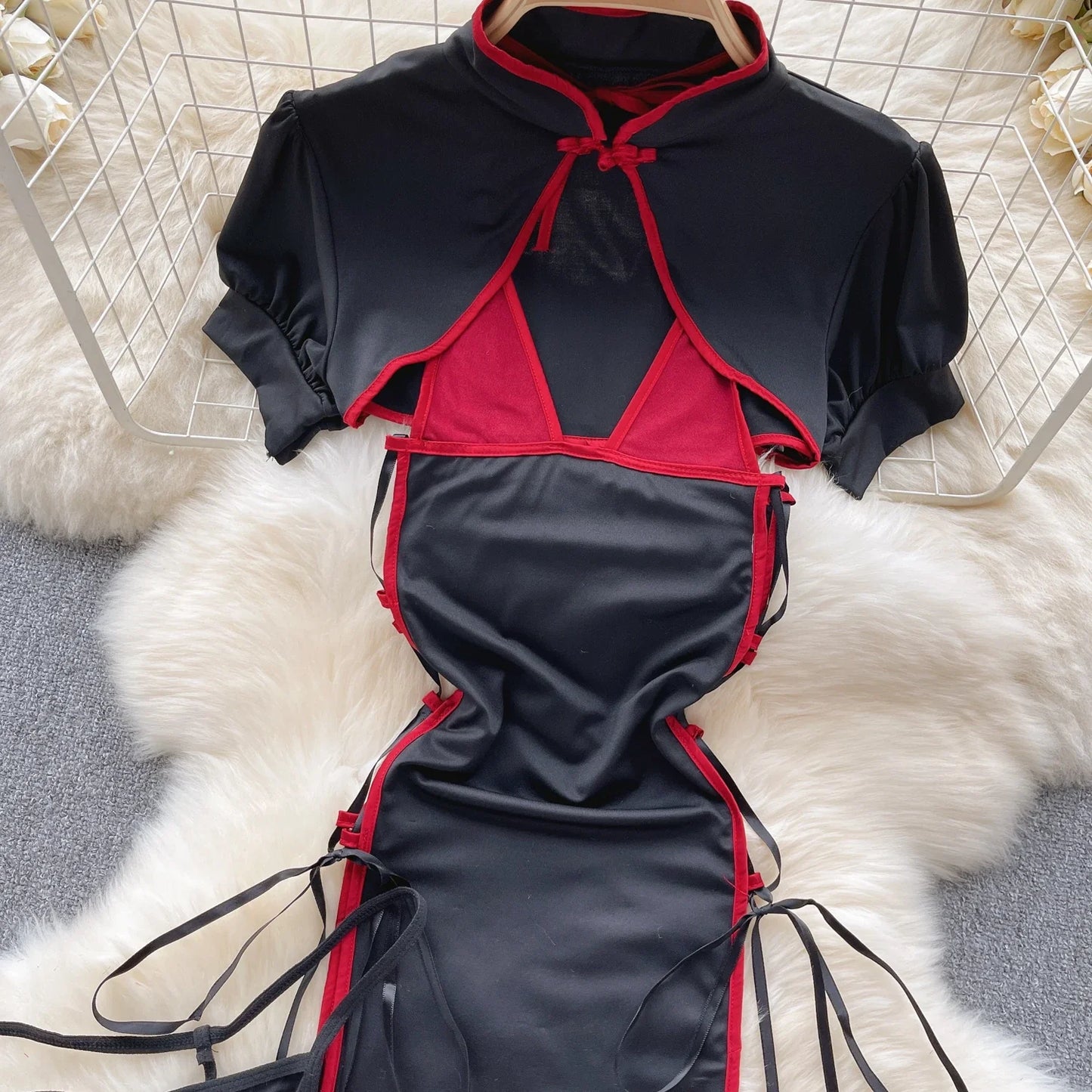 Cosplay Costume Sensual  Suits Kung Fu Girl Frog Lace Up Cross Design Dress+Thongs Hollow Out  Nightsuits Wanita