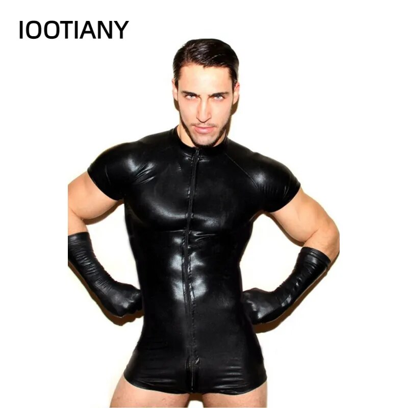 Wetlook Latex Catsuit cuir homme combinaisons noir Stretch PU cuir body Sexy Clubwear hommes fermeture éclair entrejambe ouverte Catsuit