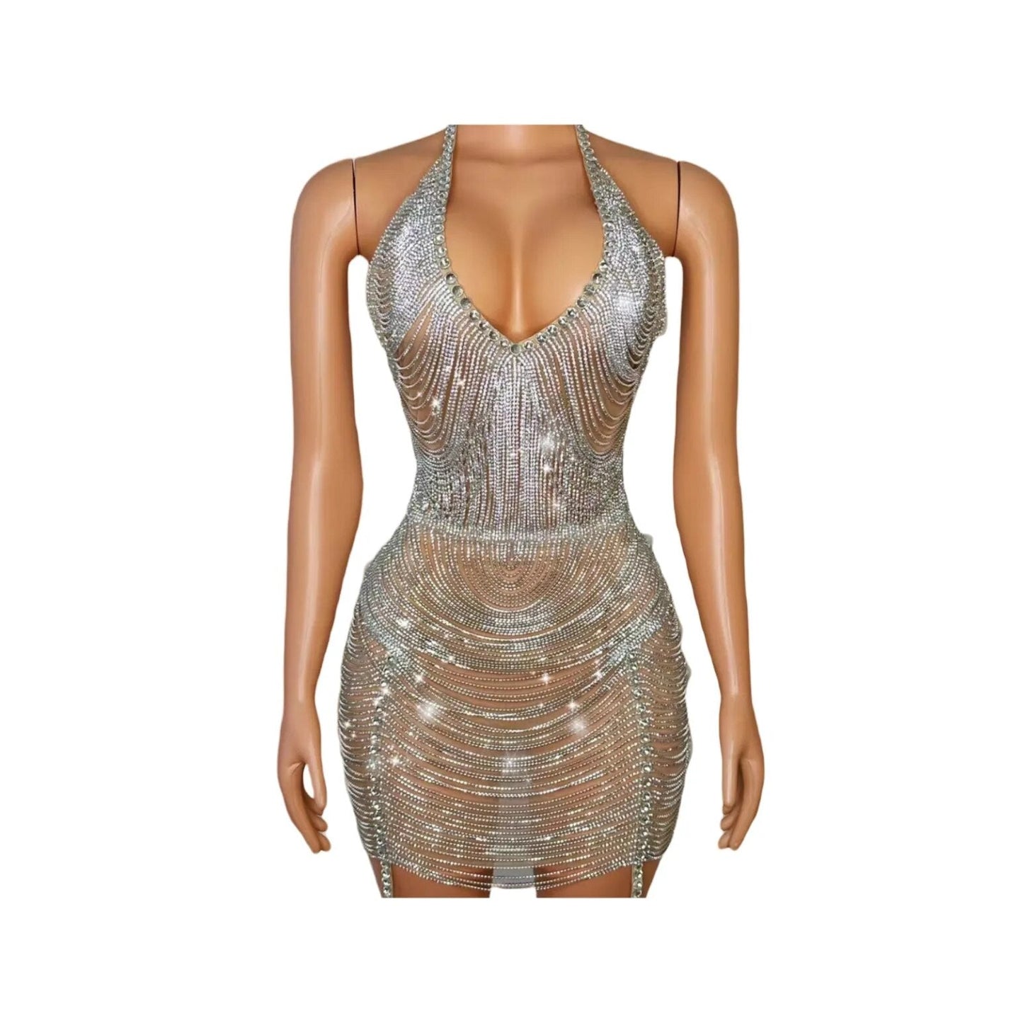 Sparkly Rhinestones Chains V Neck BacklessShort Dress Sexy Birthday Party CelebriateCostume Nightclub Outfit Show Stage Wear