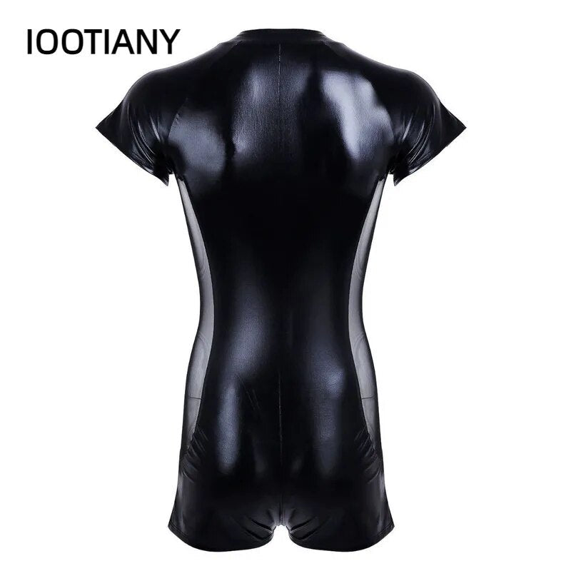 Wetlook Catsuit de látex, monos de cuero para hombre, monos negros elásticos de cuero PU, ropa Sexy para discoteca para hombre, Catsuit con cremallera en la entrepierna abierta