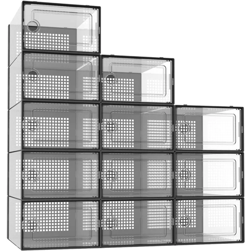 Potahouse Organizador de almacenamiento de zapatos, paquete de 12 cajas de zapatos apilables de plástico transparente extragrandes con tapas, tamaño 11-12, contenedor para zapatillas