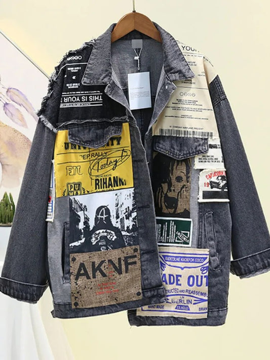 Vintage Full Sleeve Appliques Newspaper Pattern Large Size Black Denim Jacket Leisure Trend Coat 2023 Autumn New Jeans Jacket