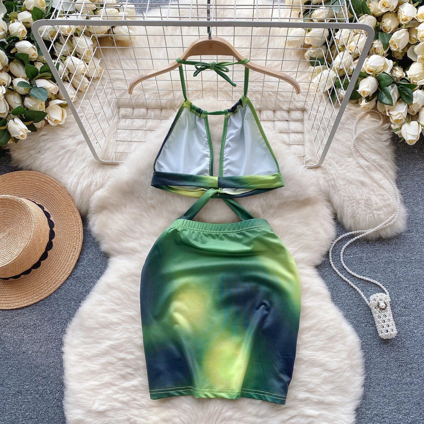 Wanita Fashion Tie Dye Sexy Swimsuits Halter Drawstring Lace Up Elastic Waist Backless Streetwear 2023 Hollow Out Mini Dress