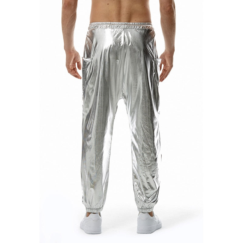 Pantalones de chándal para correr metálicos dorados brillantes para hombre, pantalones Cargo informales de Hip Hop con bolsillo, ropa de calle para fiesta de baile disco, fiesta de graduación