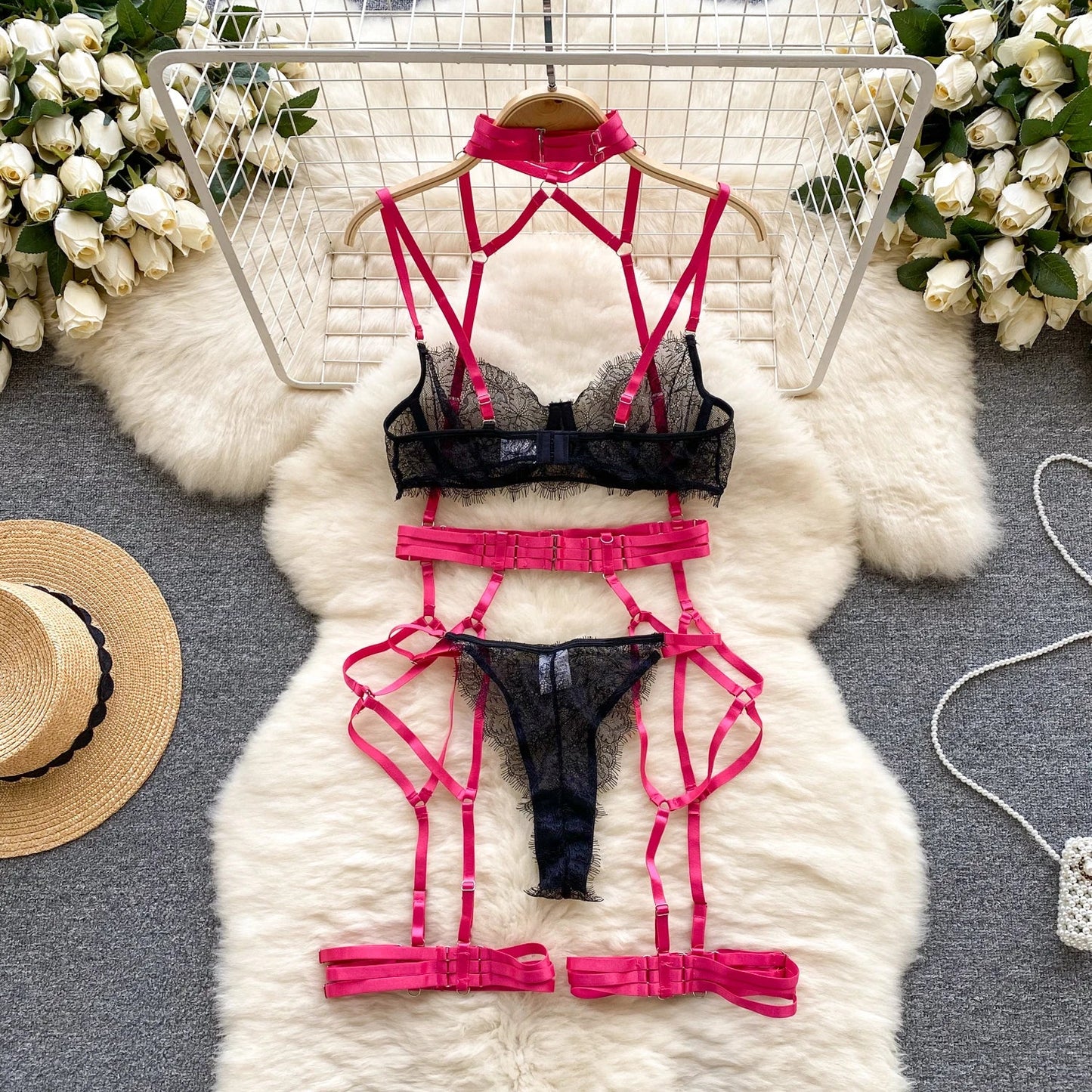 Wanita Tansparent sous-vêtements en dentelle trois pièces ensembles femmes licou sensuel soutien-gorge + tongs florales mode pure tenue 