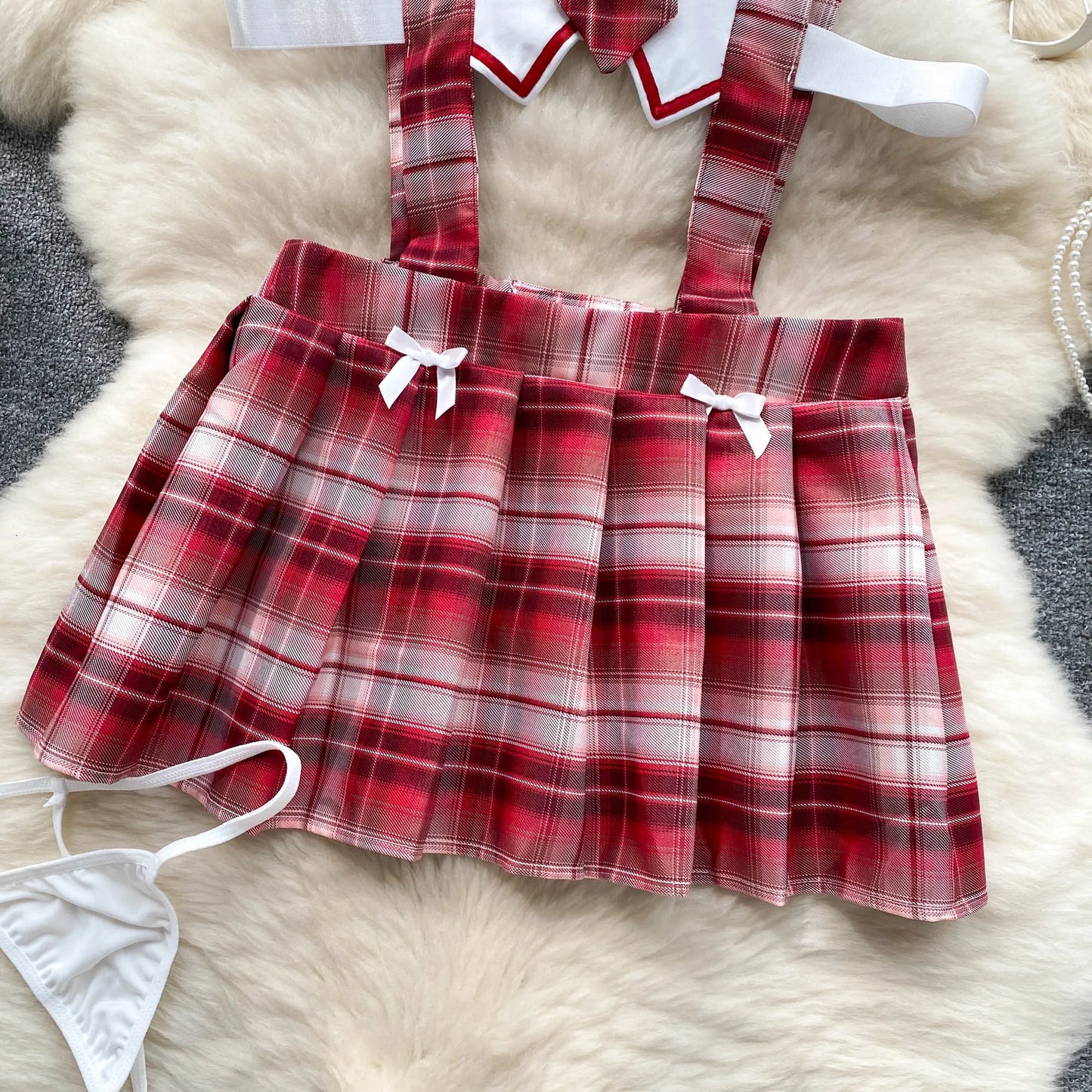 Preppy Style Cosply  Outfit Women Plaid Hollow Out Slim Sexy Nightdress Backless Pleated Hotsweet  Nightwear Wanita