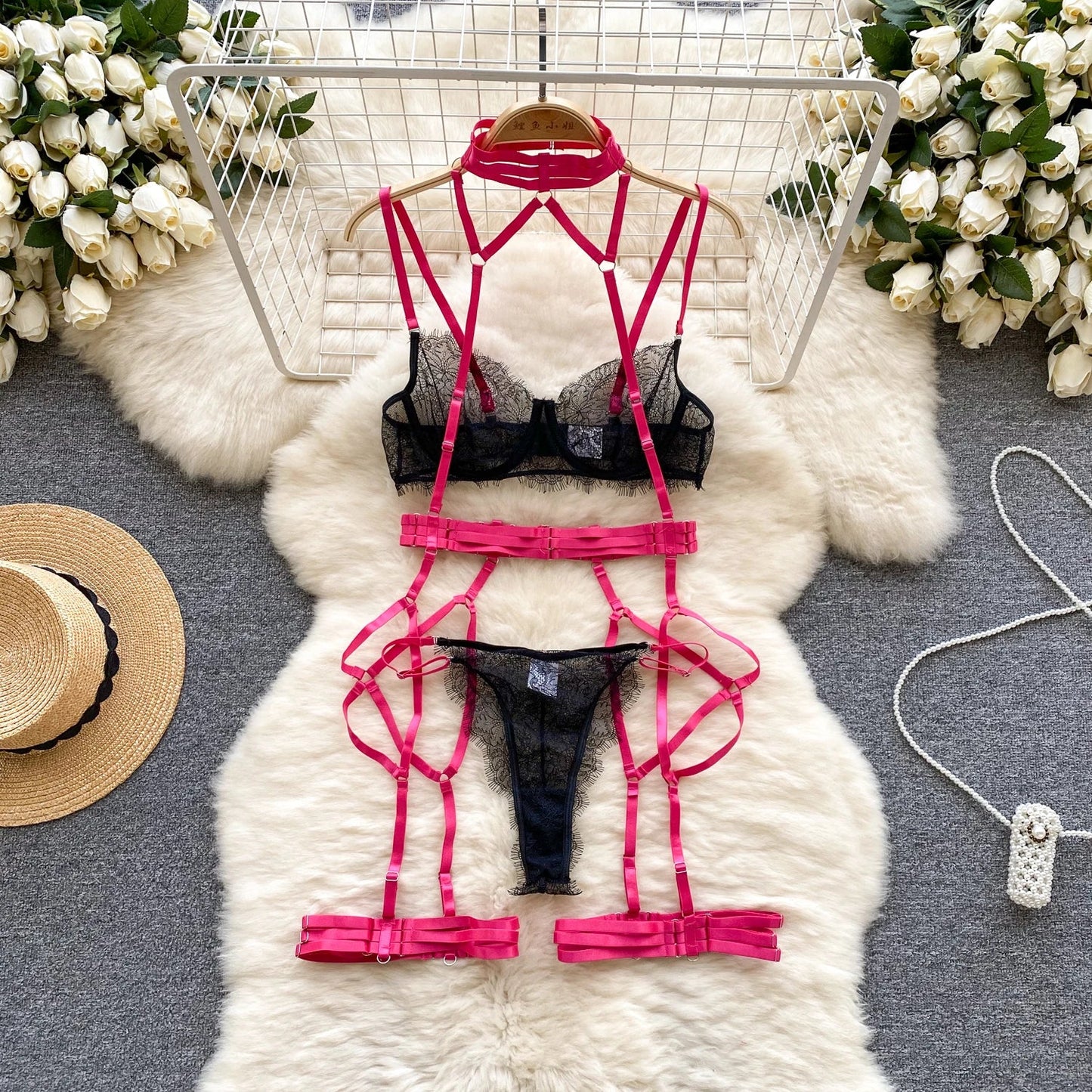 Wanita Tansparent sous-vêtements en dentelle trois pièces ensembles femmes licou sensuel soutien-gorge + tongs florales mode pure tenue 