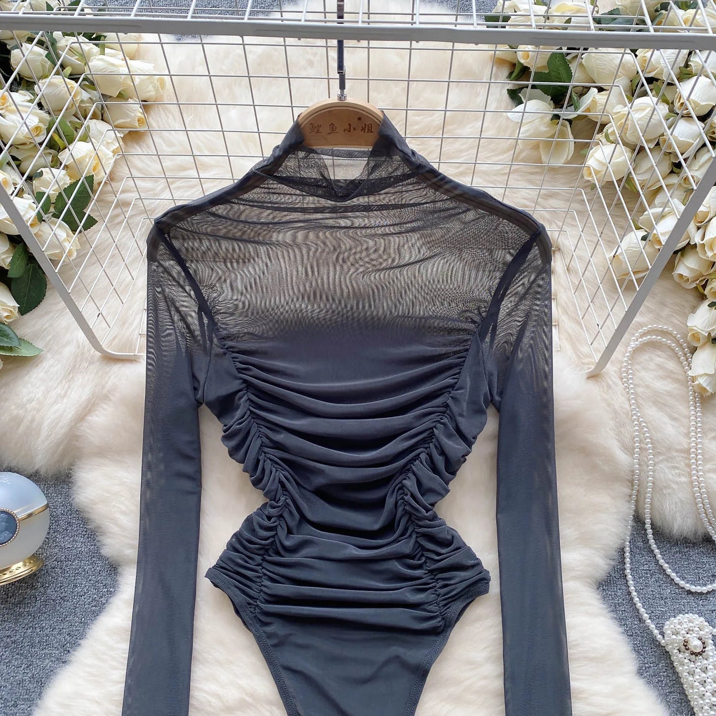 Body Sexy de malla fruncida transparente para mujer, mono ajustado de manga larga con cuello medio alto, ropa de calle 2023, mono ajustado con entrepierna abierta para mujer Wanita