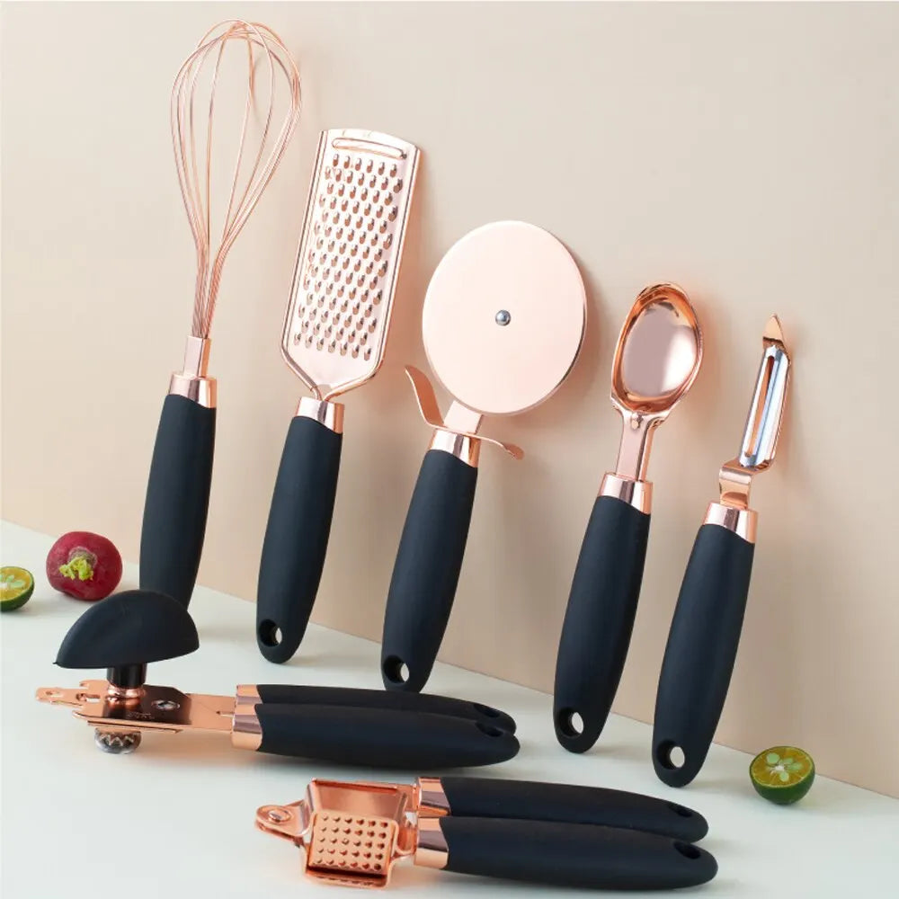 7Pcs Kitchen Gadget Set Copper Coated Stainless Steel Utensils with Soft Touch Rose Gold Garlic Press Pizza Cutter Kitchenware