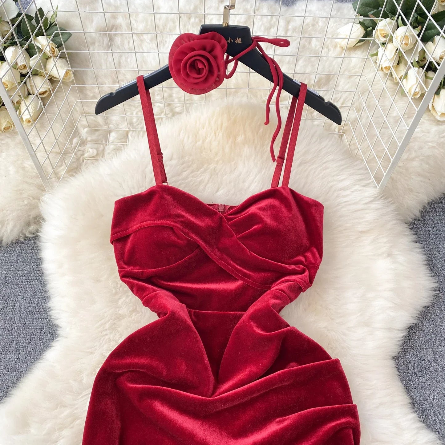 Christmas Velvet Sexy Evening Dress Rose Halter Strap Zipper Sheath 2023 Fashion Senior Sensual Night Club Outfit Wanita