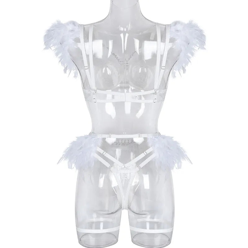 Transparent Women's Underwear Luxury Feather Decoration Metal Chain Lingerie Thong Suit Sexy Punk  Apparel