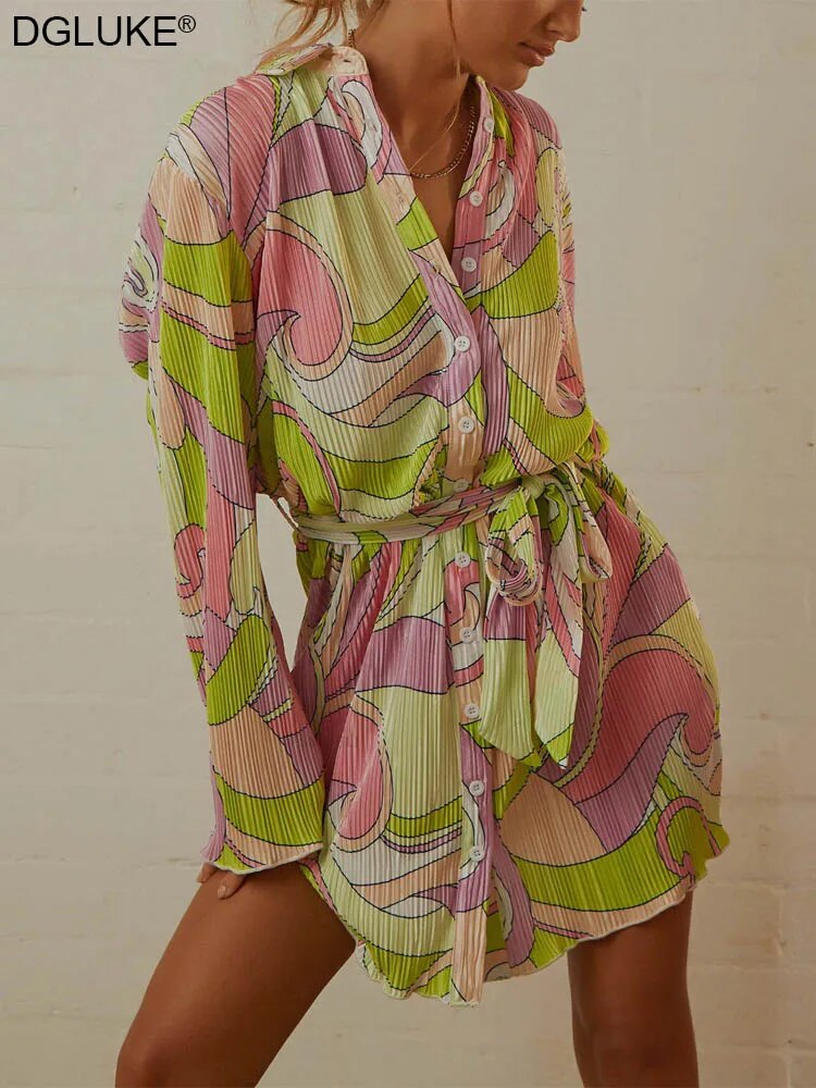 Robe chemise verte à manches longues, imprimé Floral, plissée, décontractée, Mini, Sexy, robes de plage, de fête, automne et hiver