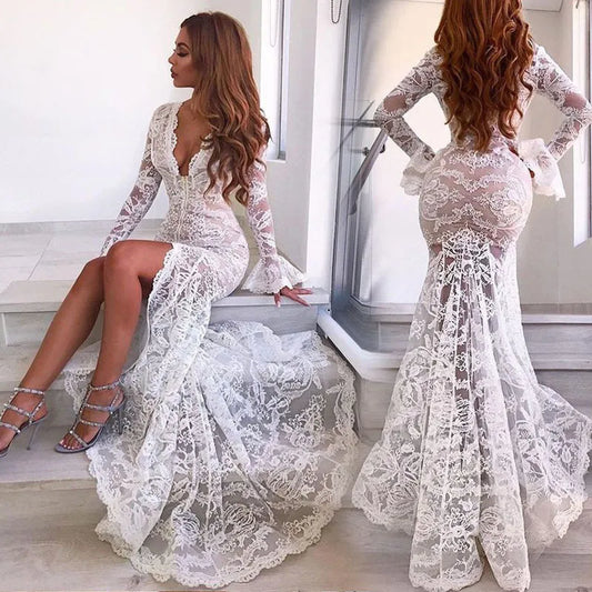 Robe Sexy en dentelle transparente pour femmes, nouvelle collection été 2023, col en V profond, jupe fendue en queue de poisson, adaptée aux Robes de soirée de mariage