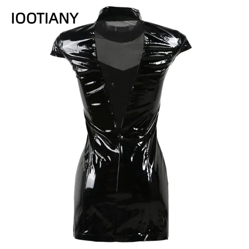 Mini Vestido gótico de cuello alto sin mangas para mujer, minivestido negro de PVC de talla grande de piel sintética con cremallera, aspecto húmedo, Vestido de noche para discoteca